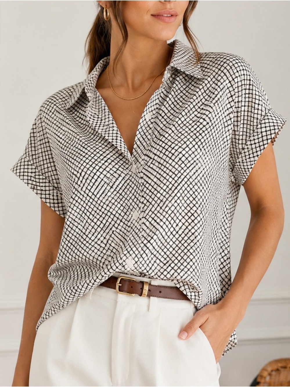 Never A Wallflower Aster Small Check Top Black White Puff Sleeve Blouse L NWT
